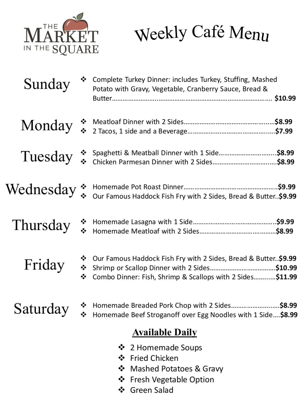 Weekly Cafe Menu